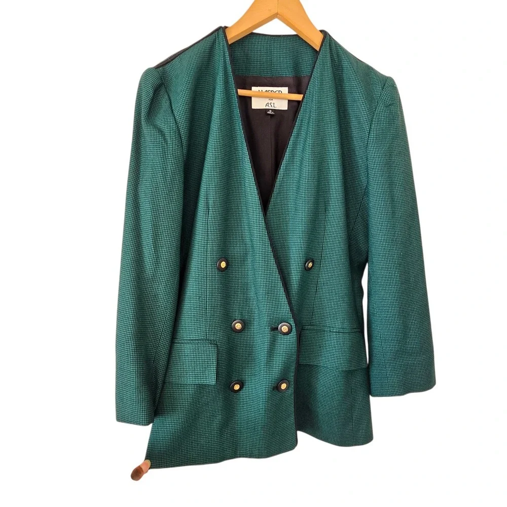 Vintage ASL Women's Size 8 Green Black Skirt Suit Blazer Set Rayon 2 Piece